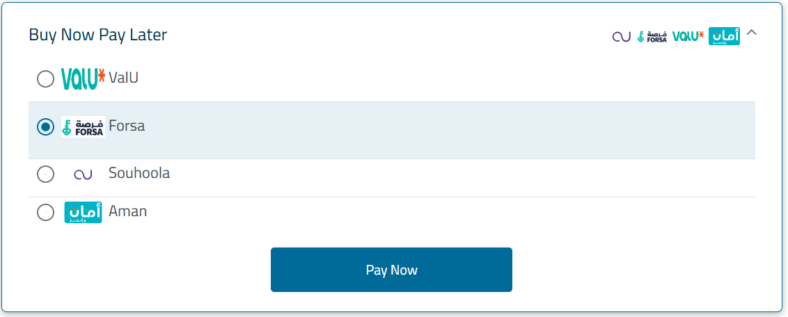 Selecting Forsa under the Buy Now Pay Later section on the FawryPay checkout