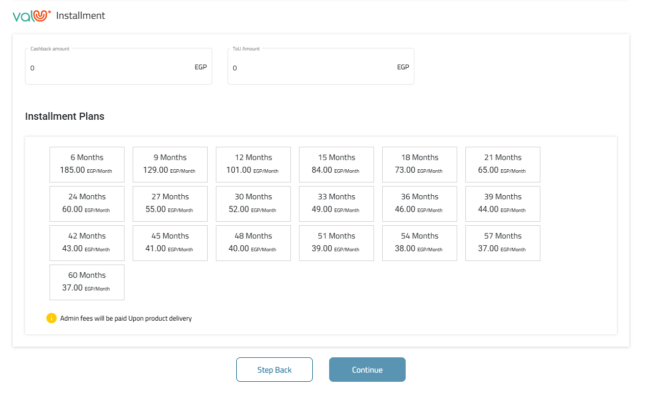 ValU installment plans grid showing tenors from 6 to 60 months with monthly amounts