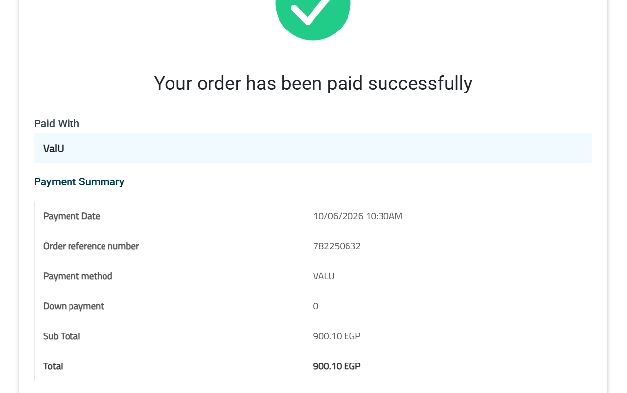 Order paid successfully screen showing Paid With ValU and the payment summary