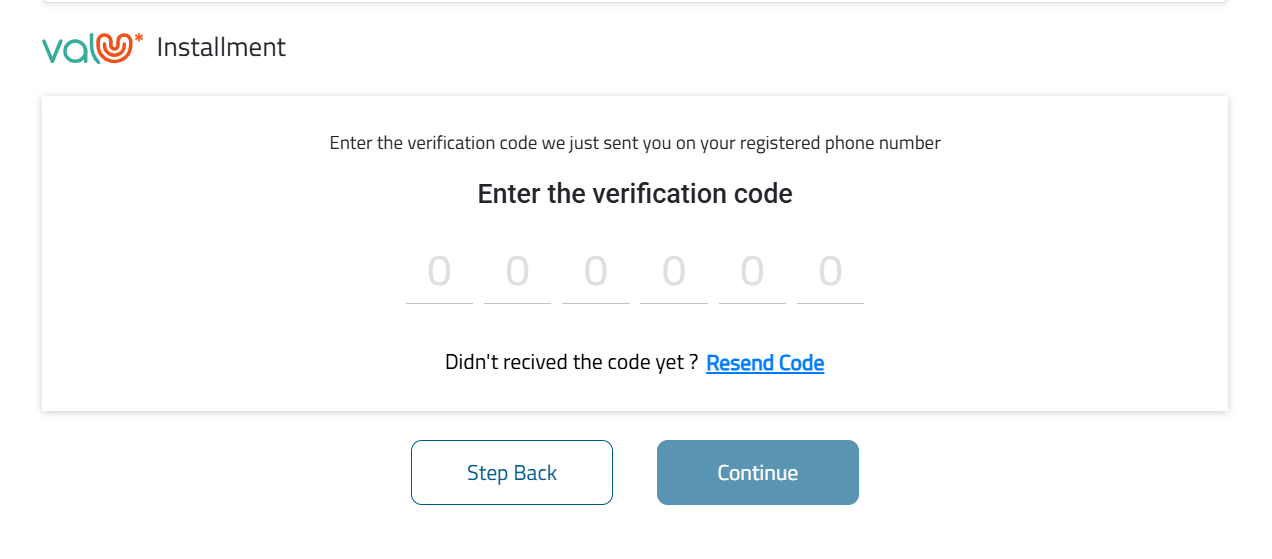 ValU OTP verification screen with six input boxes and a Resend Code link