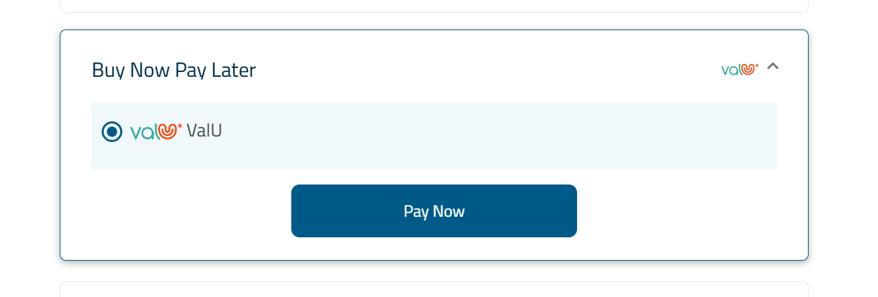 Selecting ValU under the Buy Now Pay Later section on the FawryPay checkout