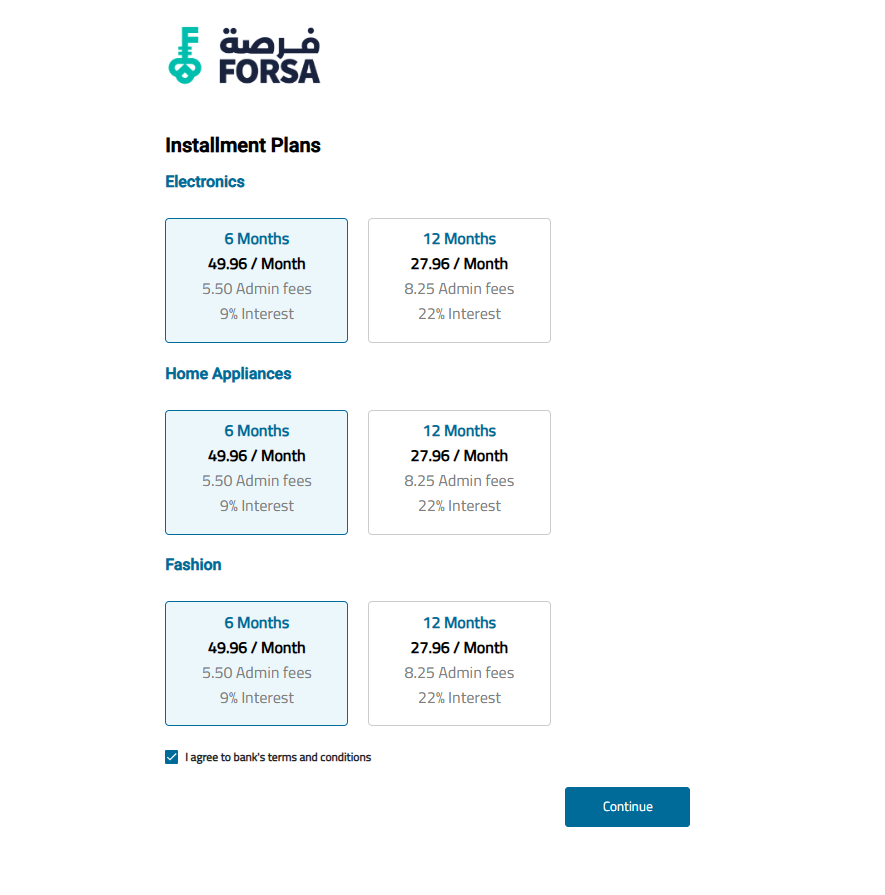Forsa installment plans grid showing tenors from 6 to 60 months with monthly amounts