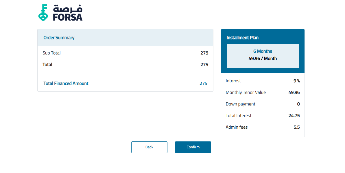 Order paid successfully screen showing Paid With Forsa and the payment summary