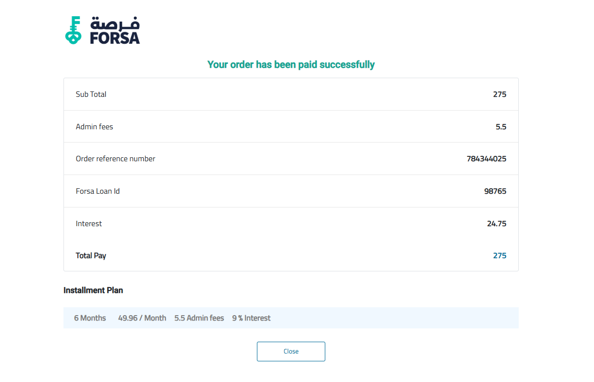 Order paid successfully screen showing Paid With Forsa and the payment summary