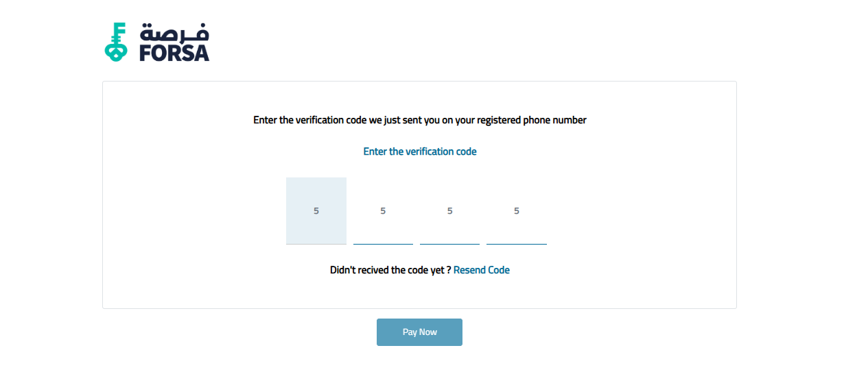 Forsa OTP verification screen with six input boxes and a Resend Code link