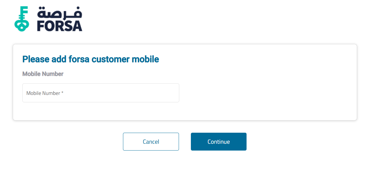 Forsa installment screen prompting the customer to enter their registered mobile number