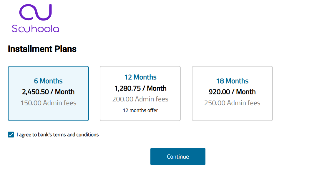 Souhoola installment plans grid showing tenors from 6 to 60 months with monthly amounts