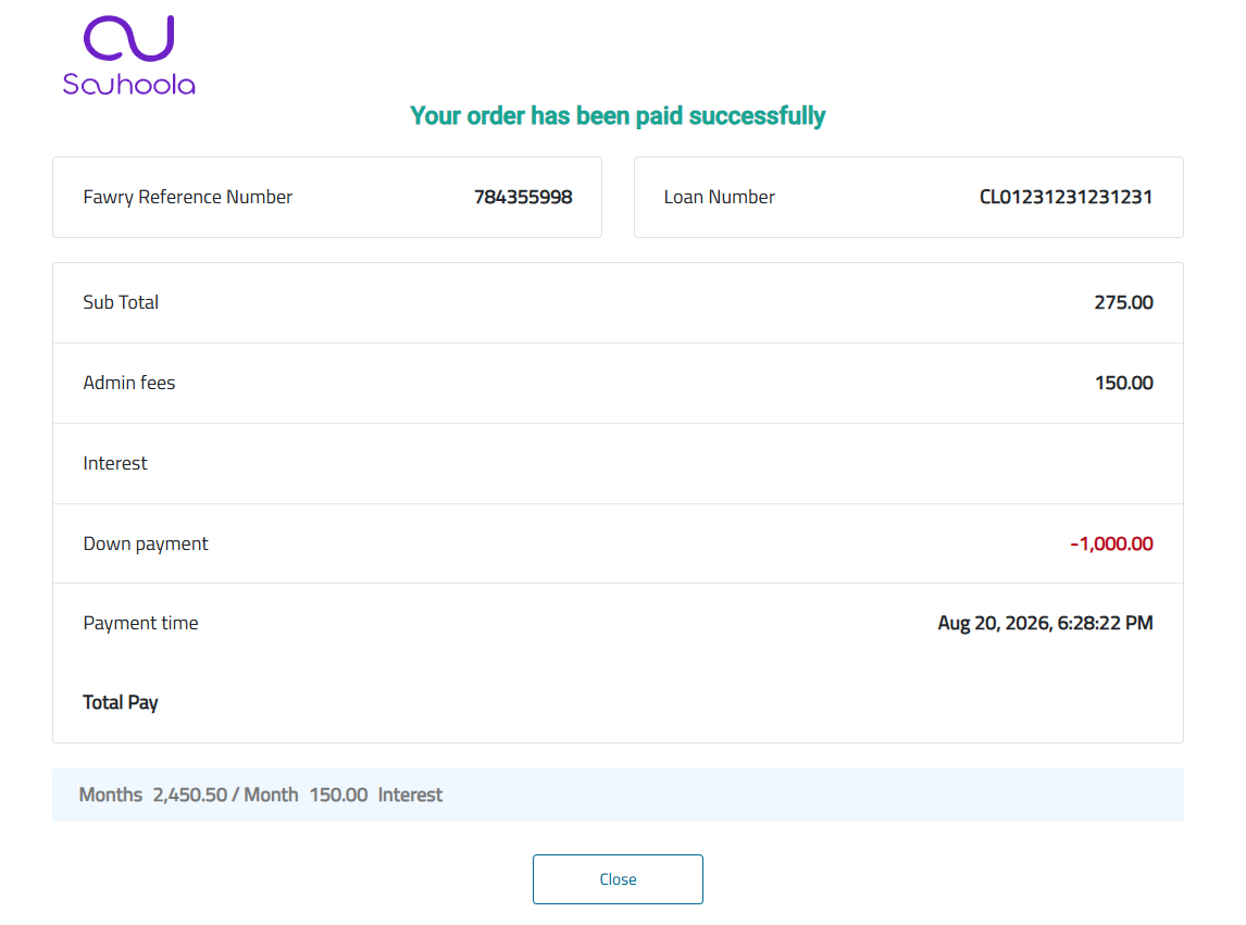 Order paid successfully screen showing Paid With Souhoola and the payment summary