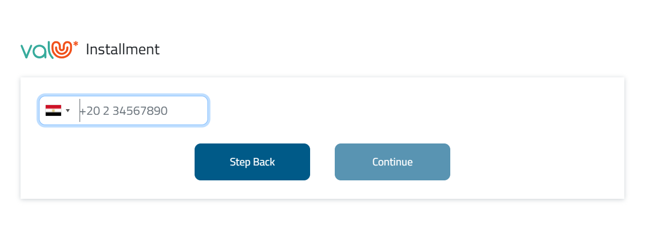 ValU installment screen prompting the customer to enter their registered mobile number
